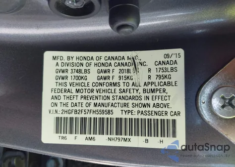 2015 Honda Civic Lx z USA, uszkodzony, nr VIN 2HGFB2F57FH559585